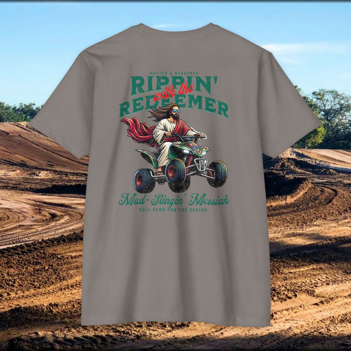 Rippin' Redeemer,  ATV Racing,  Quad, 4-wheeler, Jesus, Unisex CVC Jersey T-Shirt - Mud Slingin' Messiah Design