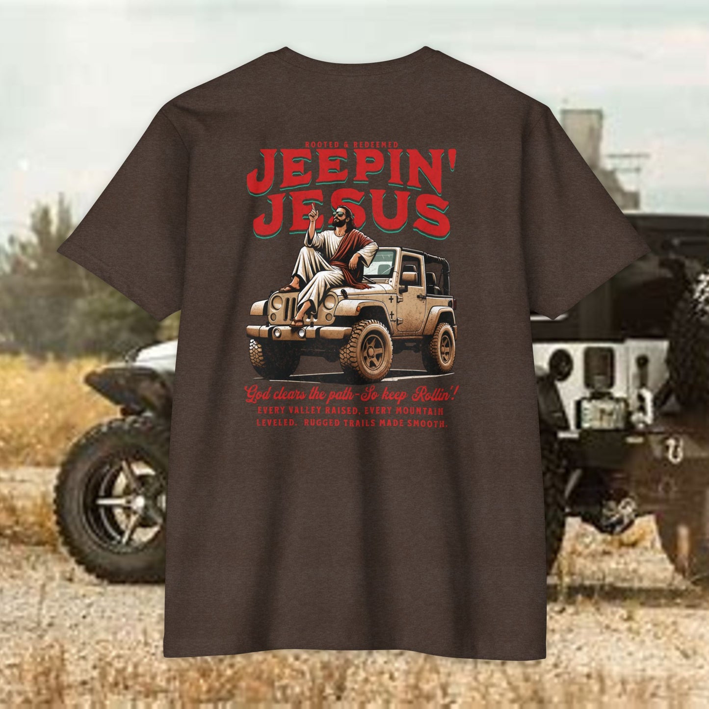 Jeepin' with Jesus Unisex Jersey T-Shirt, Inspirational Faith T-Shirt, Christian Adventure Tee, Perfect for Road Trips and Holidays
