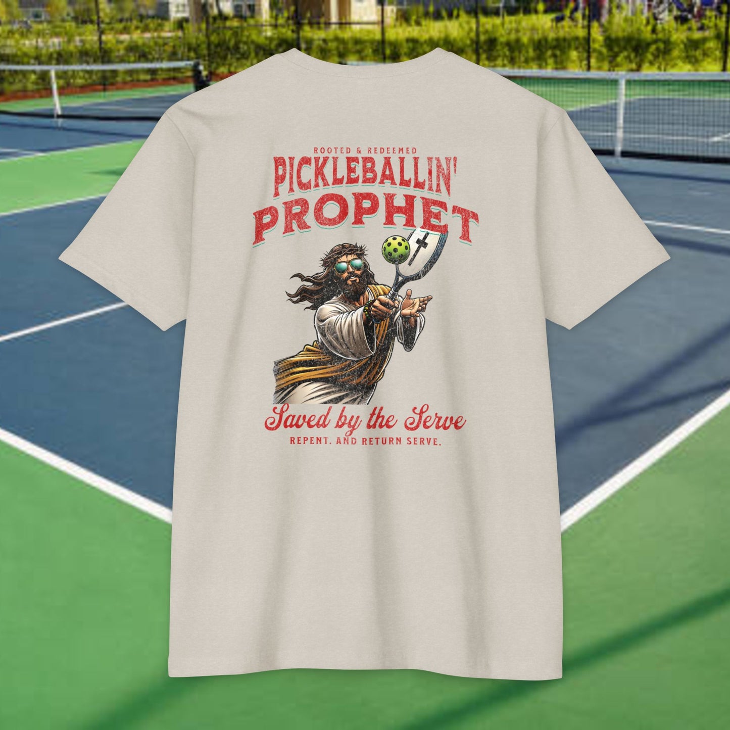 Pickleballin’ with Jesus Tee Back – Funny Christian T-Shirt – Next Level 6210