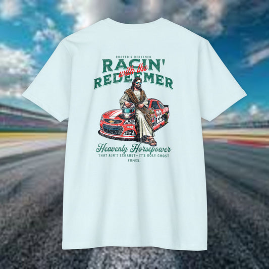 NASCAR Racing Redeemer T-Shirt Indy Car, Unisex Graphic Tee for Race Lovers, Car Enthusiasts,Racing Apparel, Spiritual Racing Shirt