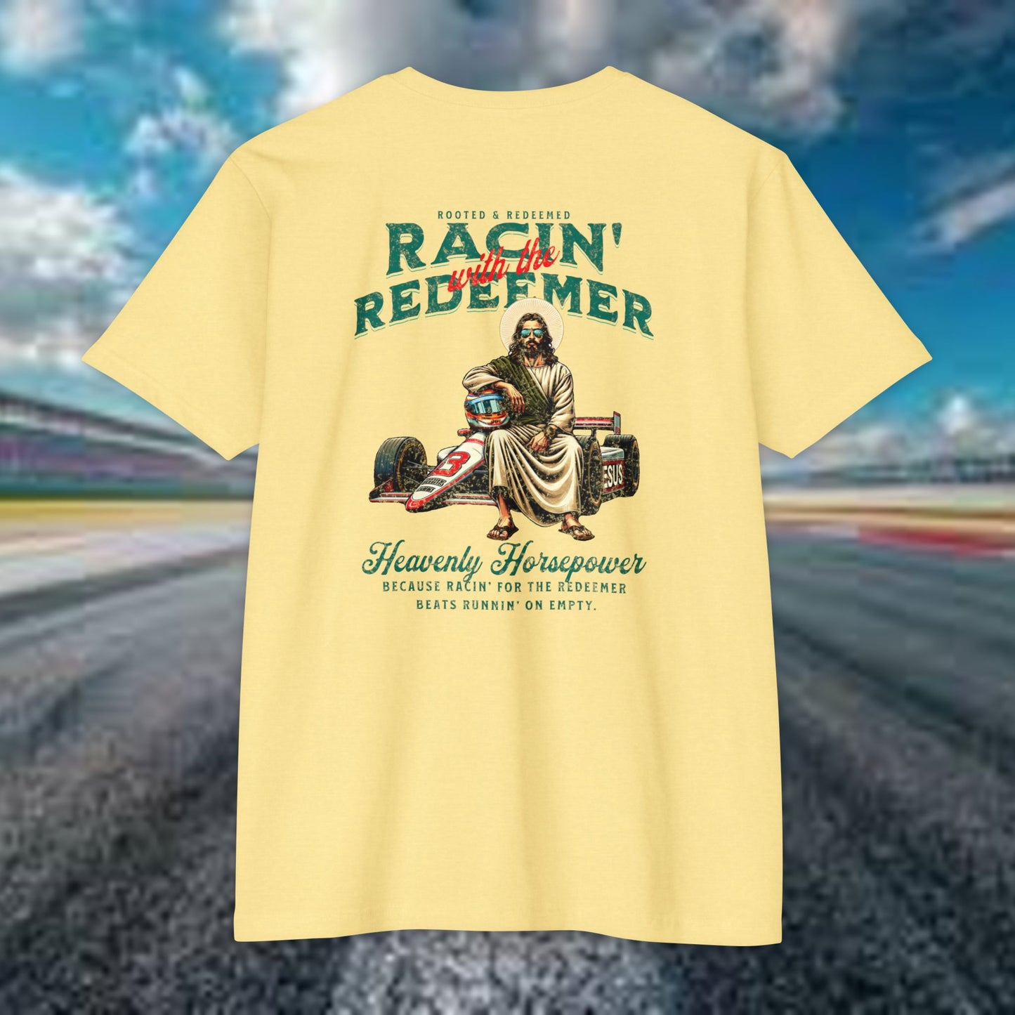INDY CAR Racing Redeemer T-Shirt, Unisex Graphic Tee for Race Lovers, Gifts for Car Enthusiasts, Retro Racing Apparel, Spiritual Racing Shirt