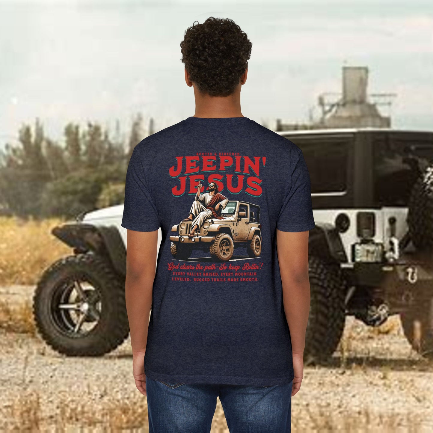 Jeepin' with Jesus Unisex Jersey T-Shirt, Inspirational Faith T-Shirt, Christian Adventure Tee, Perfect for Road Trips and Holidays