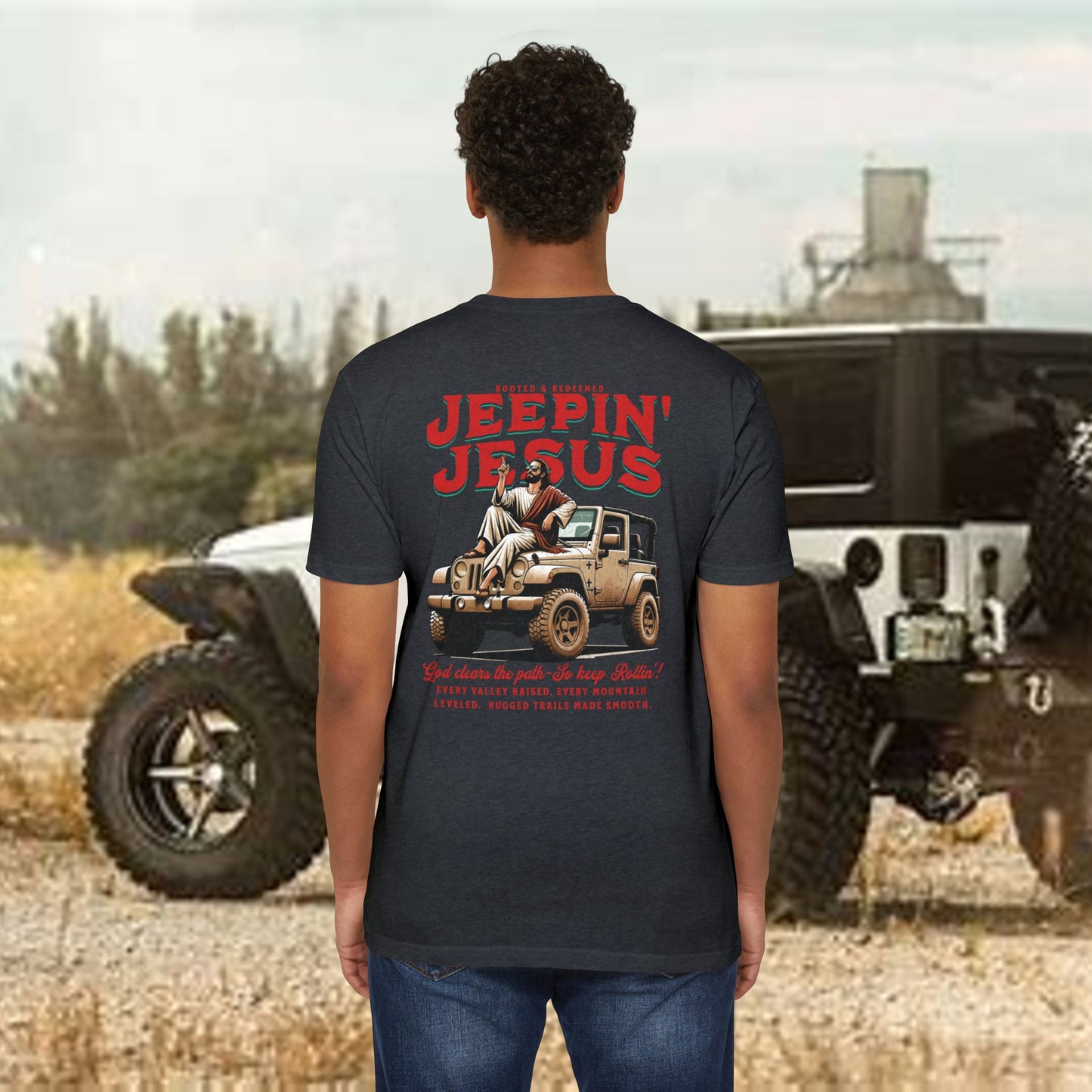 Jeepin' with Jesus Unisex Jersey T-Shirt, Inspirational Faith T-Shirt, Christian Adventure Tee, Perfect for Road Trips and Holidays