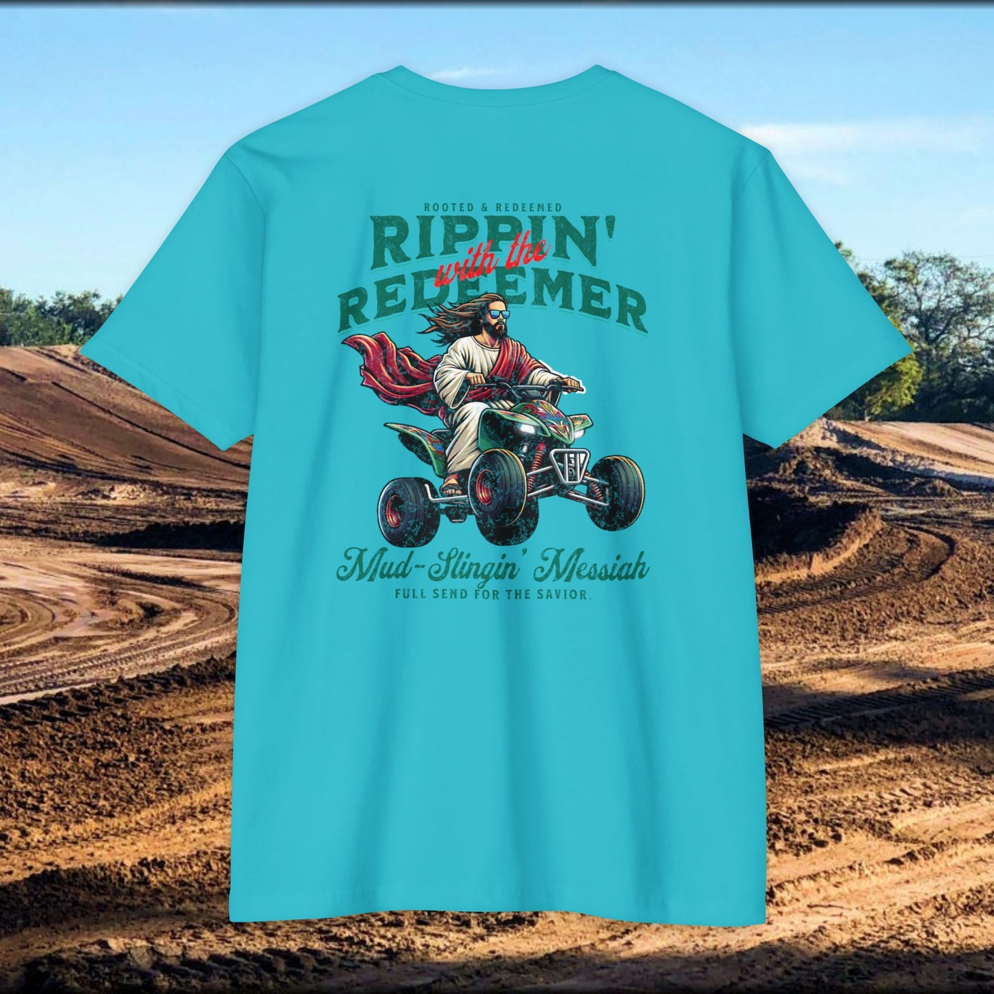 Rippin' Redeemer,  ATV Racing,  Quad, 4-wheeler, Jesus, Unisex CVC Jersey T-Shirt - Mud Slingin' Messiah Design