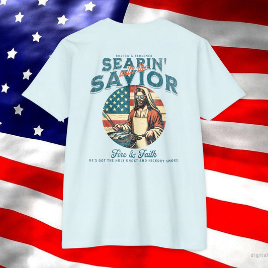Searin’ with the Savior – Fire & Faith Tee (Next Level 6210)