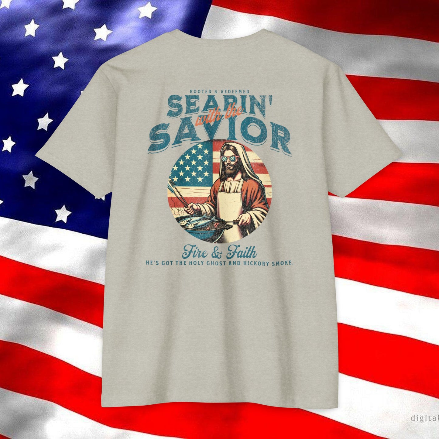 Searin’ with the Savior – Fire & Faith Tee (Next Level 6210)