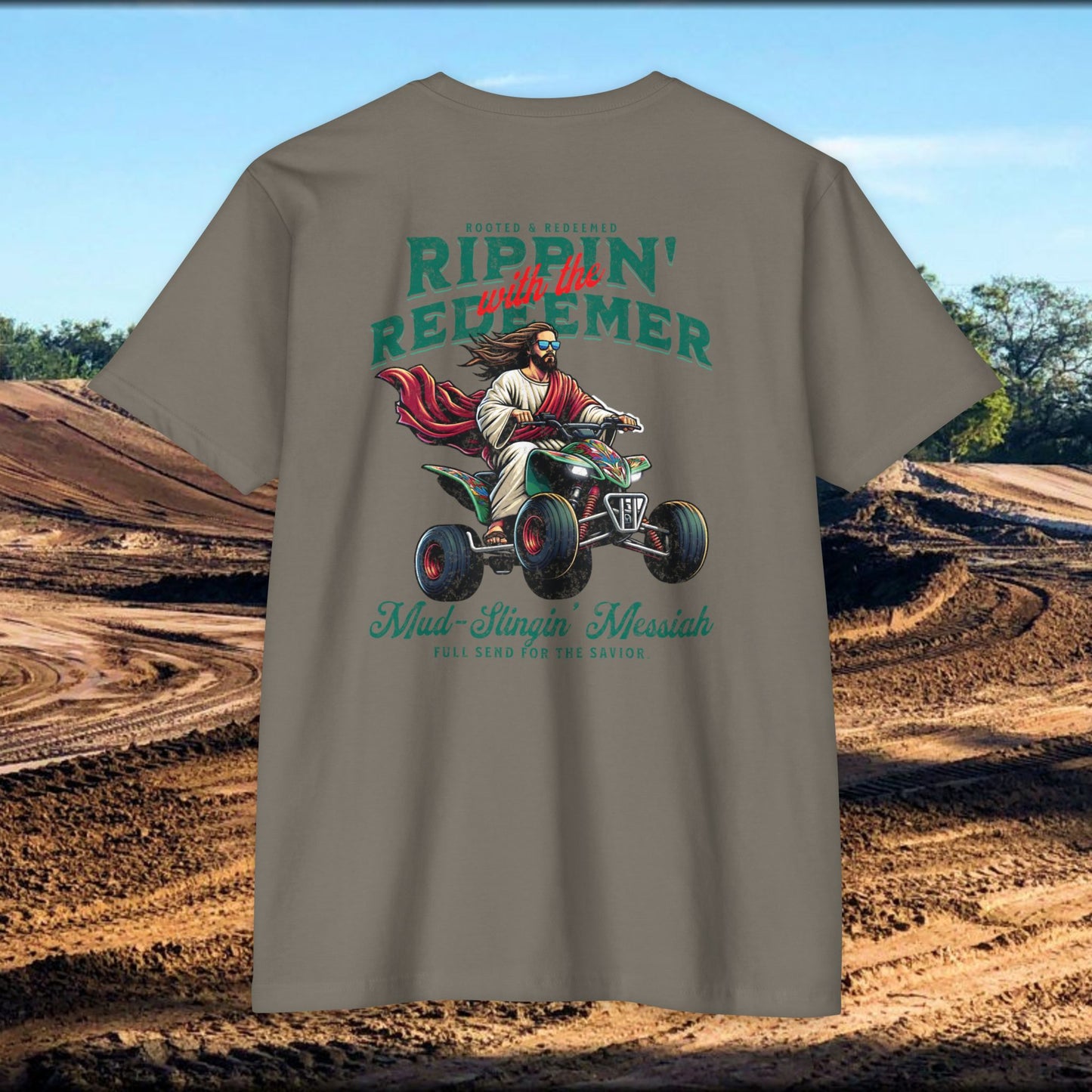 Rippin' Redeemer,  ATV Racing,  Quad, 4-wheeler, Jesus, Unisex CVC Jersey T-Shirt - Mud Slingin' Messiah Design