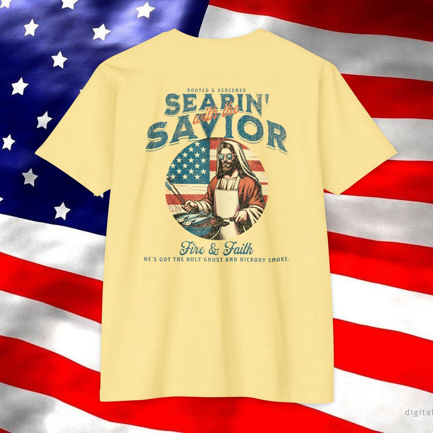 Searin’ with the Savior – Fire & Faith Tee (Next Level 6210)