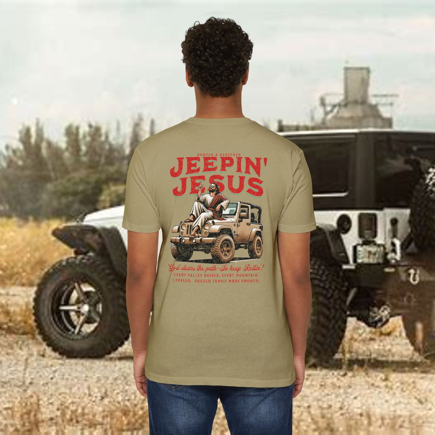 Jeepin' with Jesus Unisex Jersey T-Shirt, Inspirational Faith T-Shirt, Christian Adventure Tee, Perfect for Road Trips and Holidays