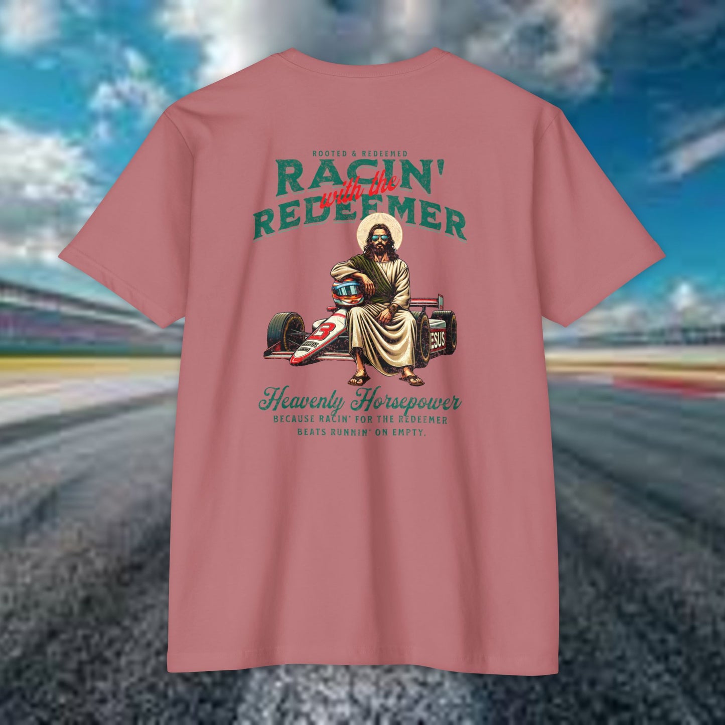 INDY CAR Racing Redeemer T-Shirt, Unisex Graphic Tee for Race Lovers, Gifts for Car Enthusiasts, Retro Racing Apparel, Spiritual Racing Shirt