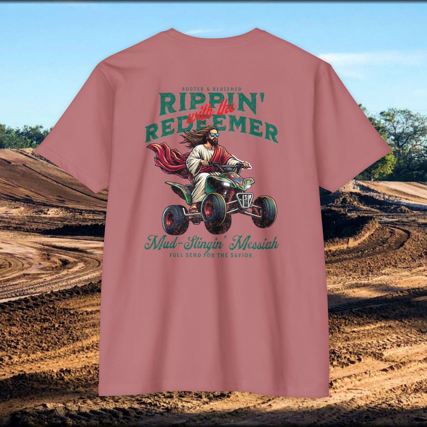 Rippin' Redeemer,  ATV Racing,  Quad, 4-wheeler, Jesus, Unisex CVC Jersey T-Shirt - Mud Slingin' Messiah Design