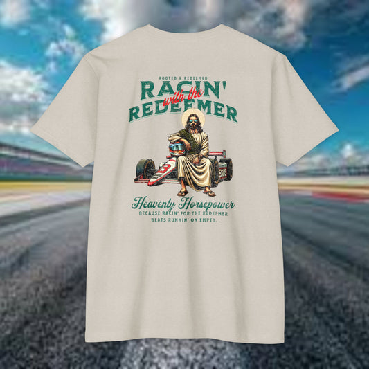 INDY CAR Racing Redeemer T-Shirt, Unisex Graphic Tee for Race Lovers, Gifts for Car Enthusiasts, Retro Racing Apparel, Spiritual Racing Shirt