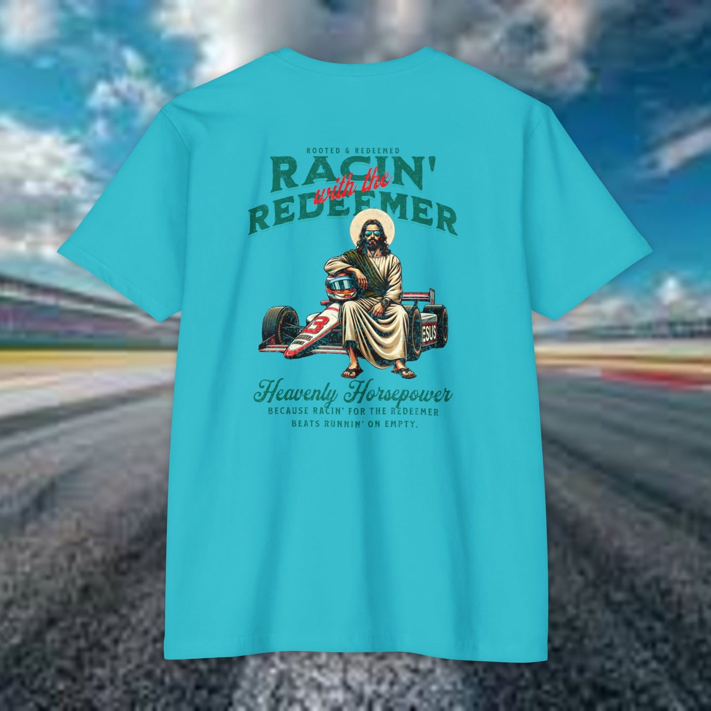 INDY CAR Racing Redeemer T-Shirt, Unisex Graphic Tee for Race Lovers, Gifts for Car Enthusiasts, Retro Racing Apparel, Spiritual Racing Shirt
