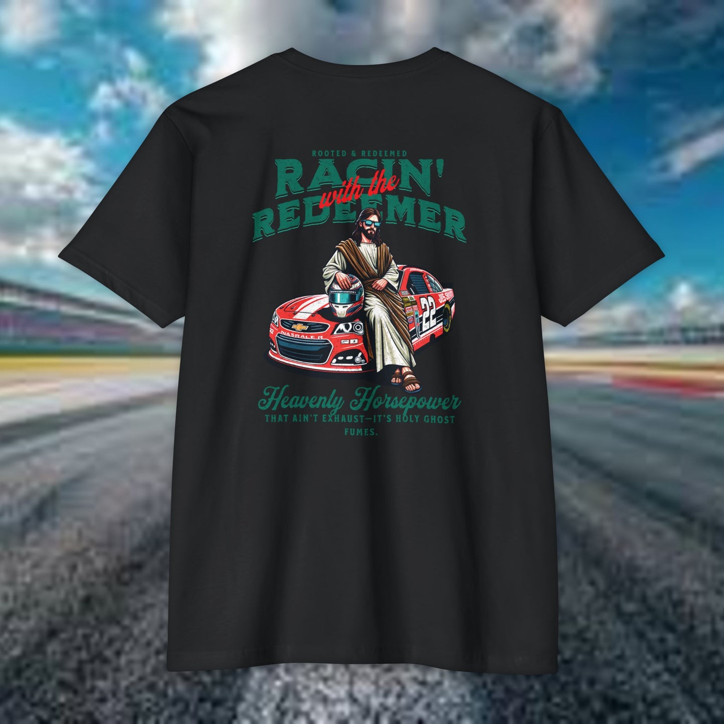 NASCAR Racing Redeemer T-Shirt Indy Car, Unisex Graphic Tee for Race Lovers, Car Enthusiasts,Racing Apparel, Spiritual Racing Shirt