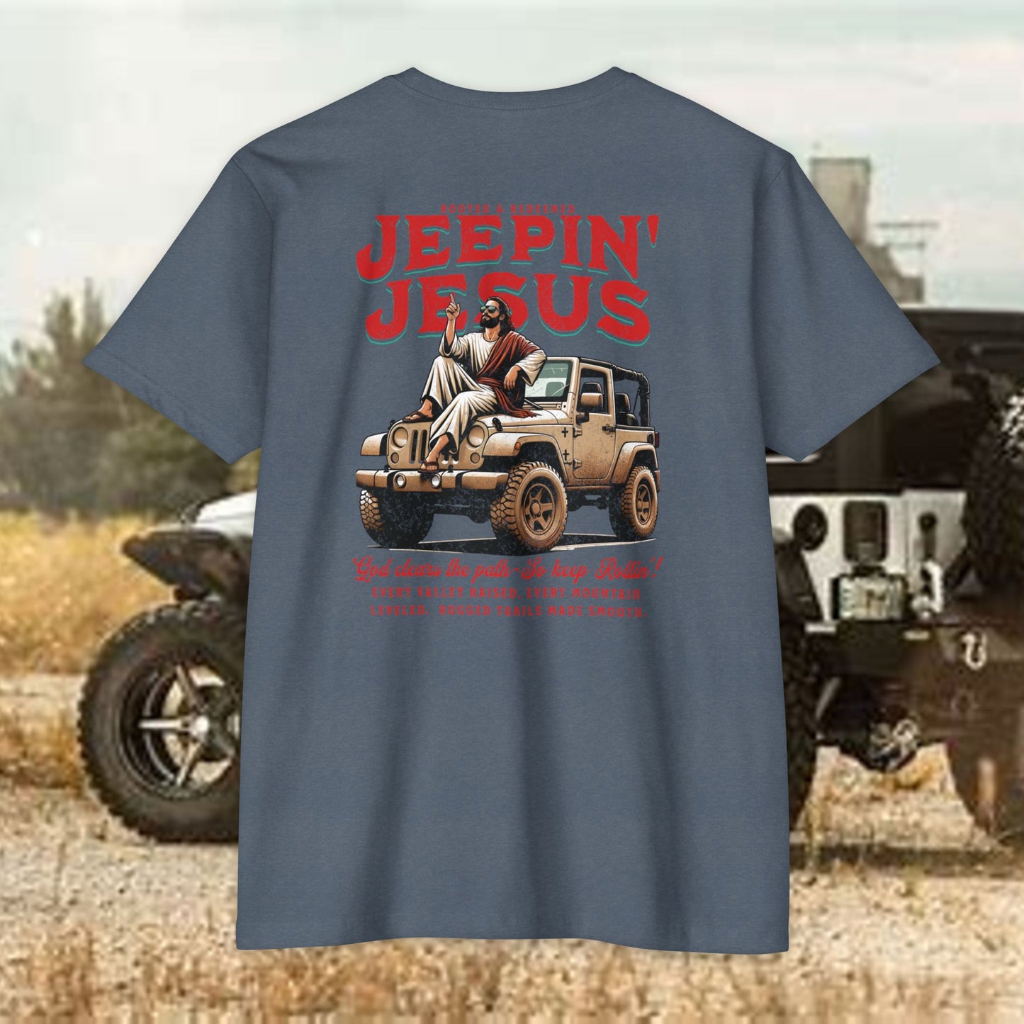Jeepin' with Jesus Unisex Jersey T-Shirt, Inspirational Faith T-Shirt, Christian Adventure Tee, Perfect for Road Trips and Holidays
