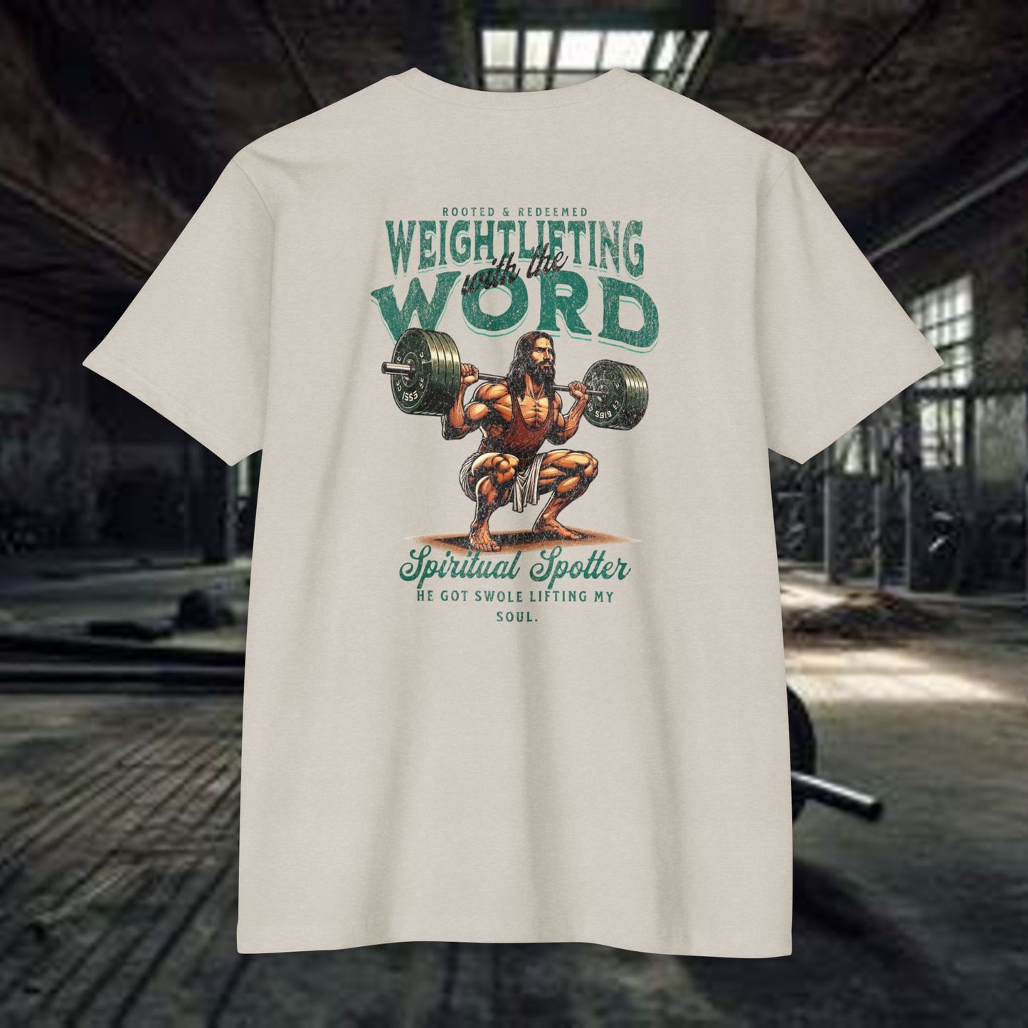 "Weightlifting with the Word" – Spiritual Spotter Tee (Next Level 6210)