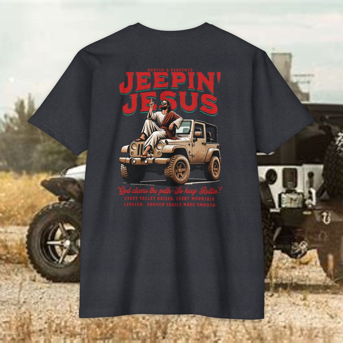 Jeepin' with Jesus Unisex Jersey T-Shirt, Inspirational Faith T-Shirt, Christian Adventure Tee, Perfect for Road Trips and Holidays