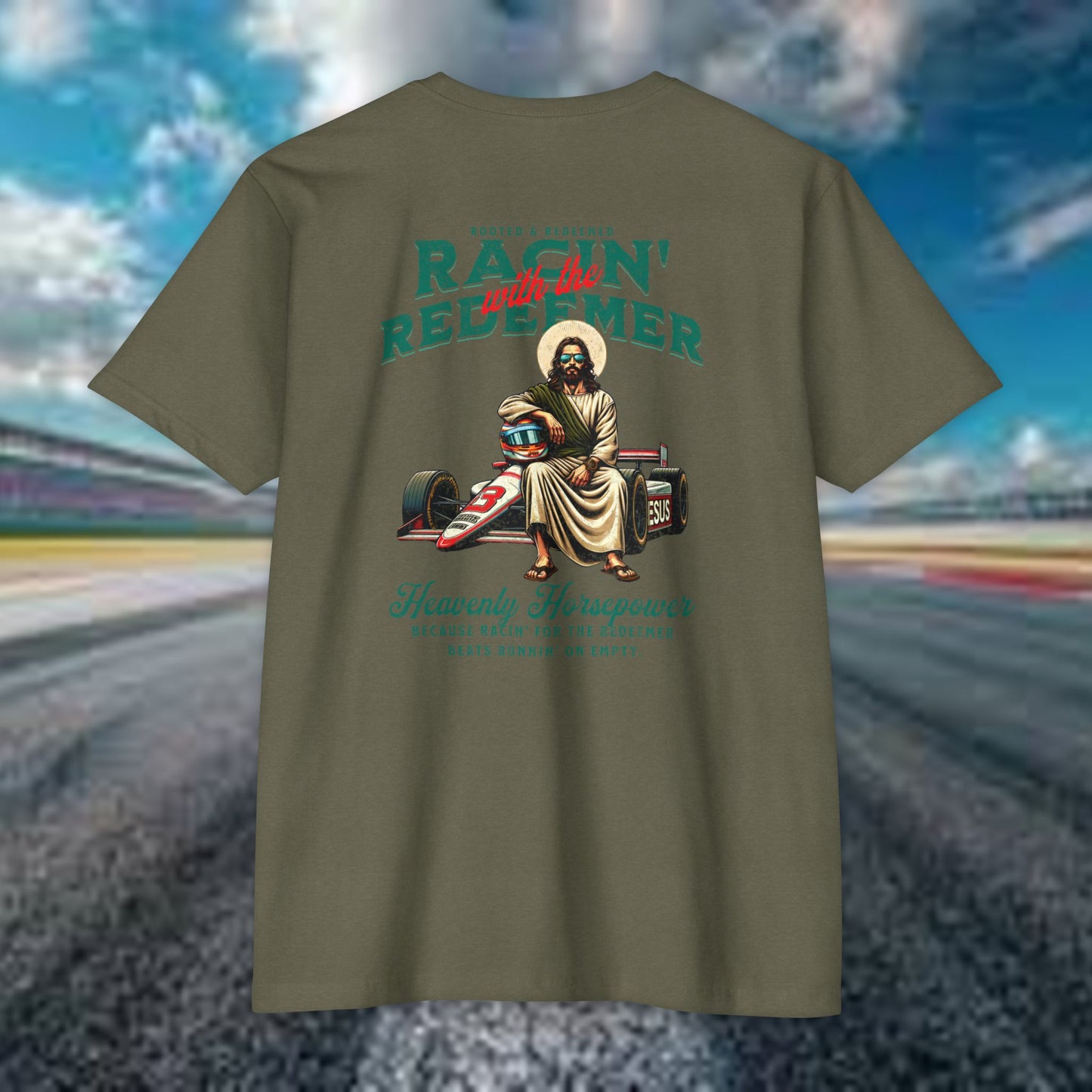 INDY CAR Racing Redeemer T-Shirt, Unisex Graphic Tee for Race Lovers, Gifts for Car Enthusiasts, Retro Racing Apparel, Spiritual Racing Shirt