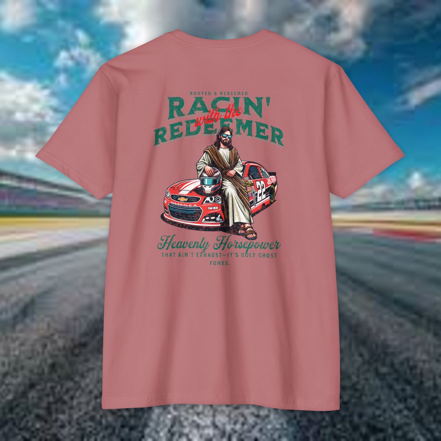 NASCAR Racing Redeemer T-Shirt Indy Car, Unisex Graphic Tee for Race Lovers, Car Enthusiasts,Racing Apparel, Spiritual Racing Shirt