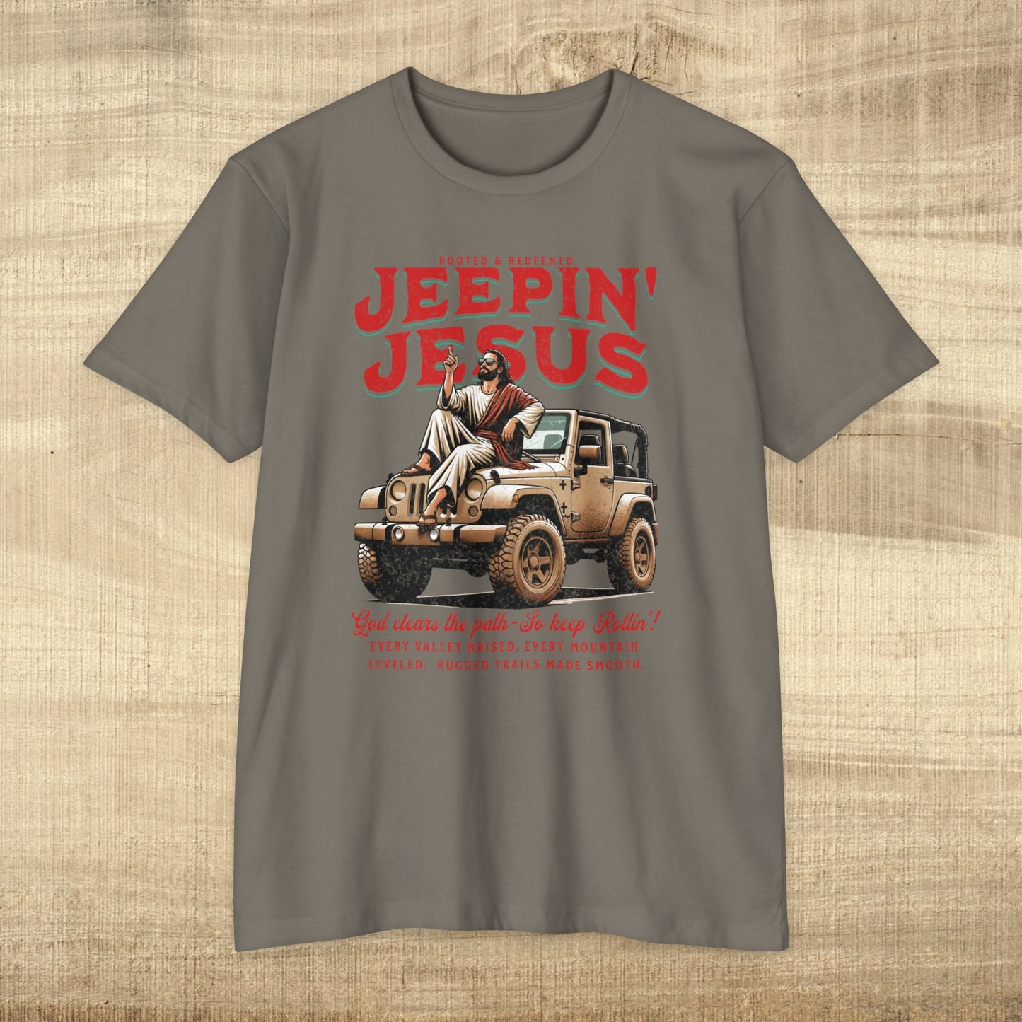 Front image only-Jeepin' with Jesus Unisex Jersey T-Shirt, Inspirational Faith T-Shirt, Christian Adventure Tee, Perfect for Road Trips and Holidays